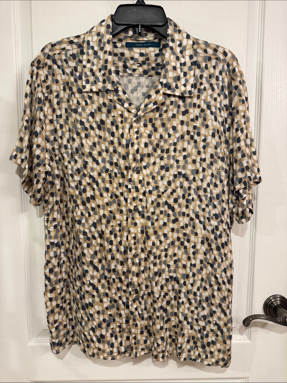 Perry Ellis Beige Multi Short Sleeve Button-Up Shirt